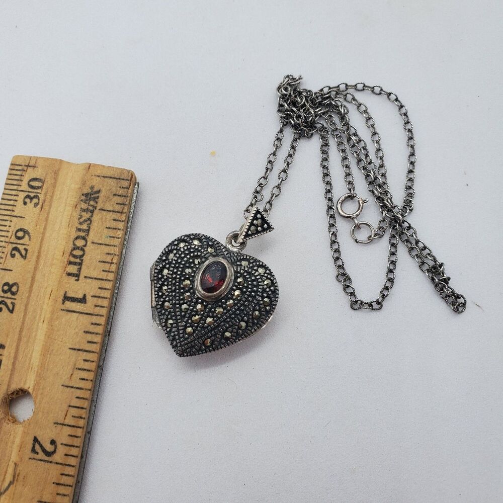 Sterling Silver, Garnet and Marcasite Heart Locket Pendant Necklace 18" 925